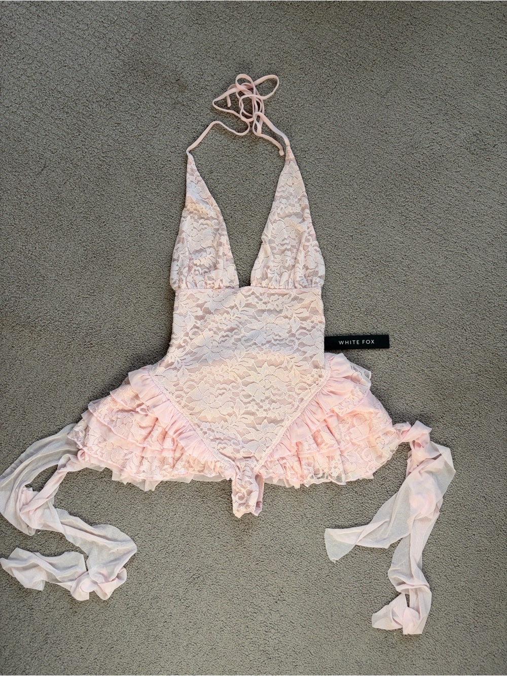 White Fox Lace Halter Romper in Light Pink